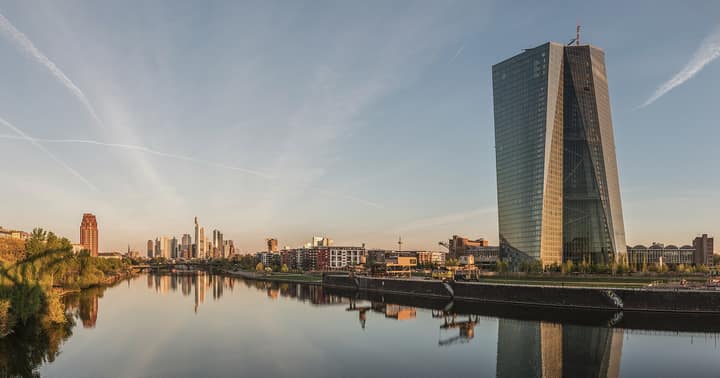 Germany — Seat of the European Central Bank and Frankfurt Skyline at dawn 20150422 1